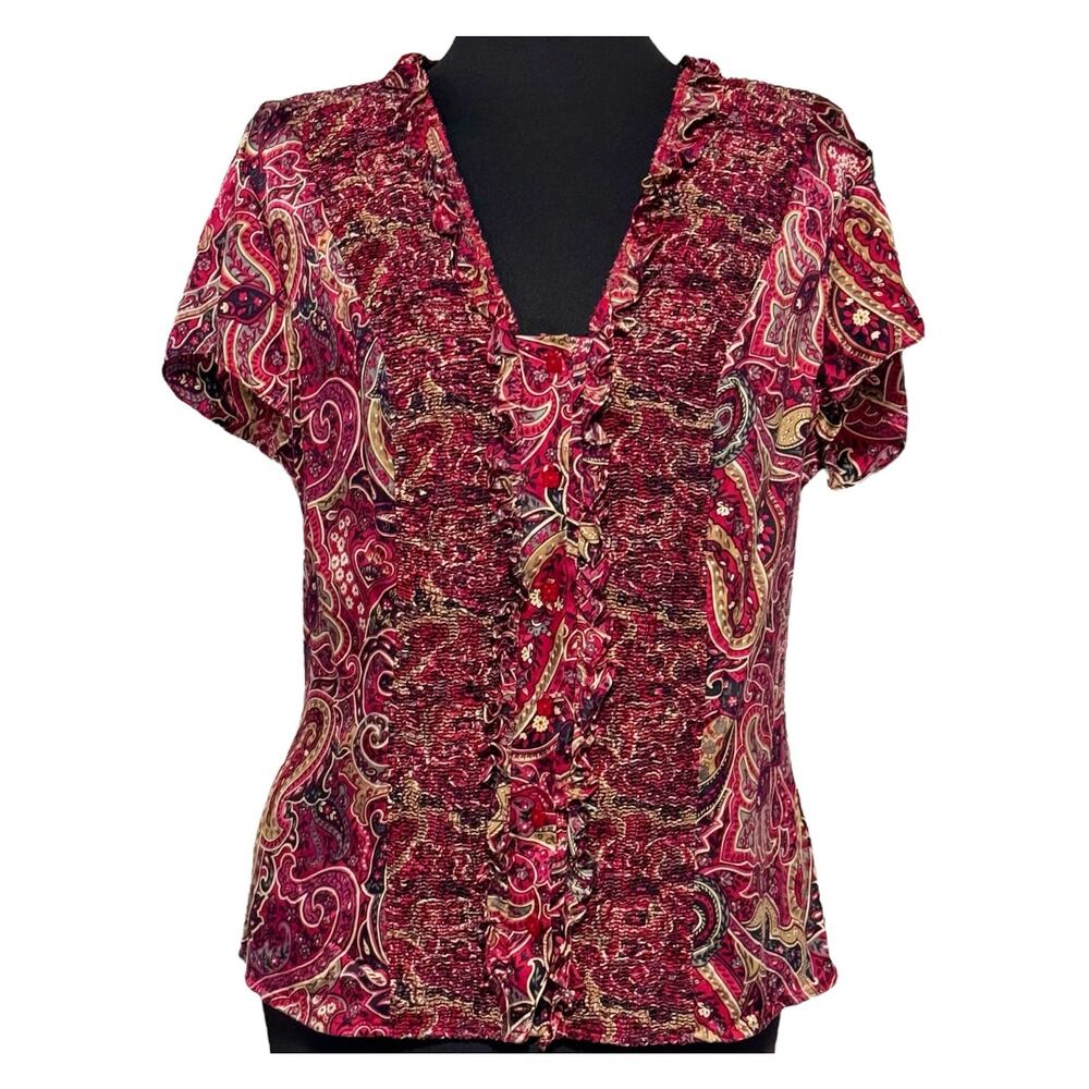 Coldwater Creek‎ Silk Blouse Large Red Ruffle Paisley Short Sleeve Dark Romance